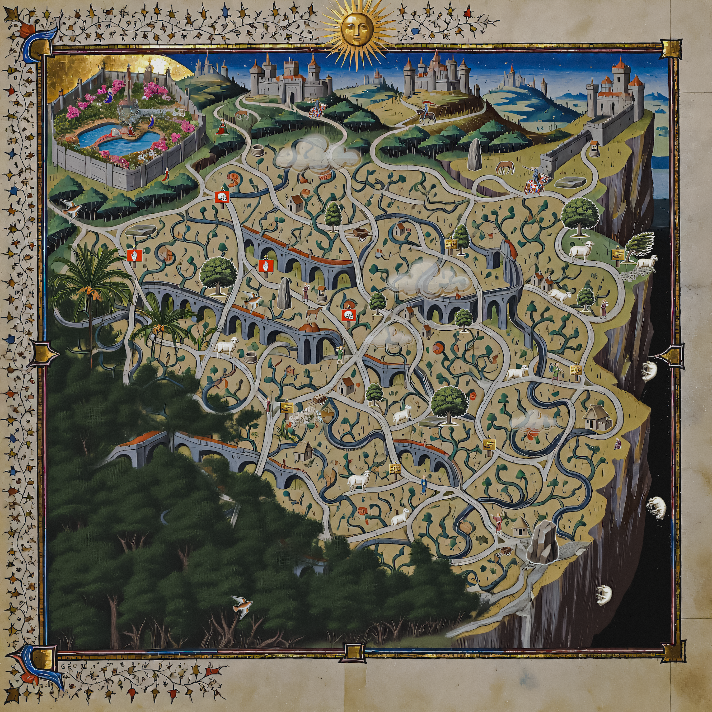 An intricate illustrated landscape of winding paths, gardens and castles, surrounded by a decorative border.