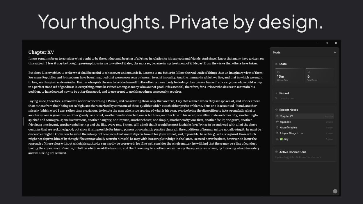 Three-panel layout with note tree, editor, and writing stats