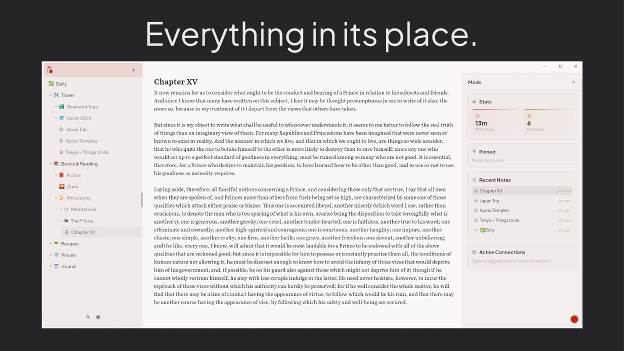 Nested folders, notes, and tags — organized your way